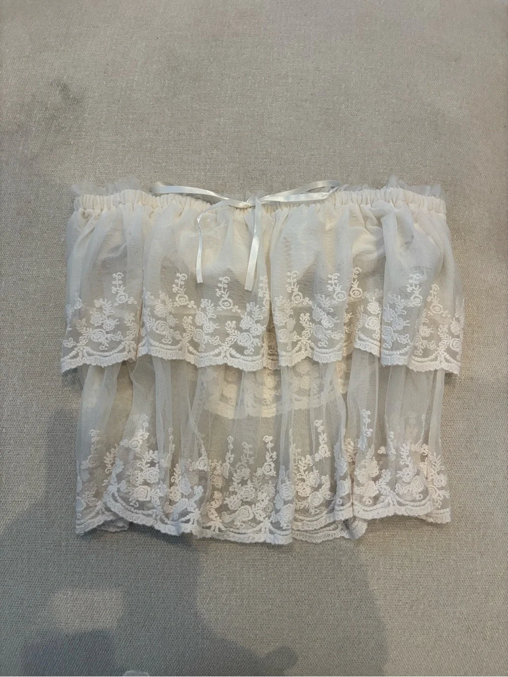 Free People Ivory Lace Off-Shoulder Ruffle Crop Top
